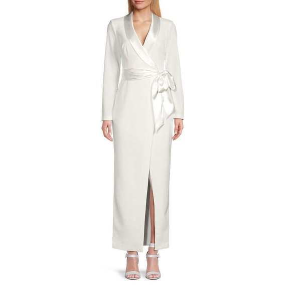 Eliza J Dresses & Skirts - Eliza J 14 Tuxedo Gown Dress Ivory Wrap Satin Lapel Long Sleeve Old Money
